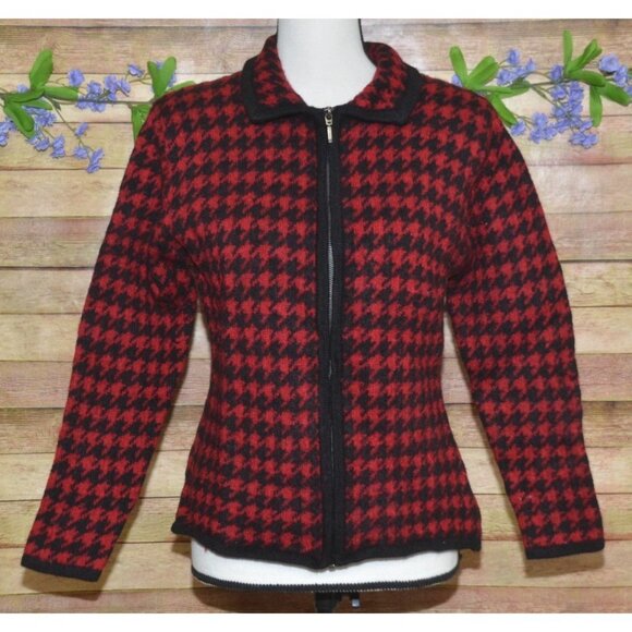 Paul Harris 100% Wool Red Houndstooth Full Zip Cardigan Sweater Size M Retro - Picture 1 of 10